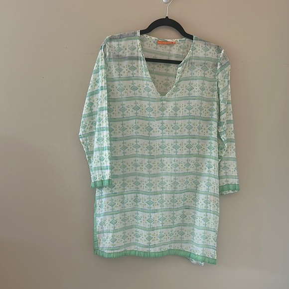 OLIPHANT Women’s Patterned V-Neck Tunic Top Cover-Up Green Sz Medium Coastal - Picture 1 of 7